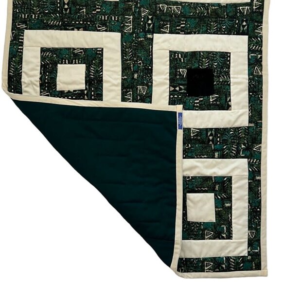 Handmade Green and White Patchwork Quilt Throw Geometric Pattern 38" x 54" - Picture 5 of 16